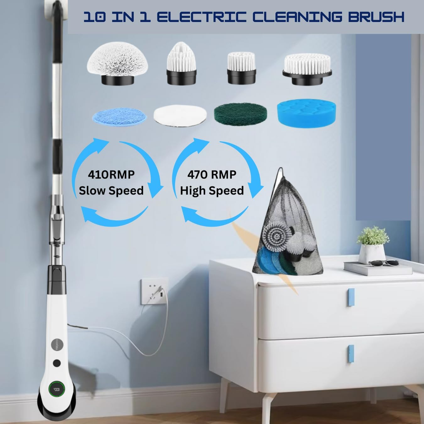 10 in 1 Electric Spin Scrubber Cordless Cleaning Brush Head Long Handle Spin Scrubber & Gap Cleaning Brush Window Cleaning Tools 8 Brush Heads for Bathroom,Floor,Tile, Kitchen & Grout Cleaning
