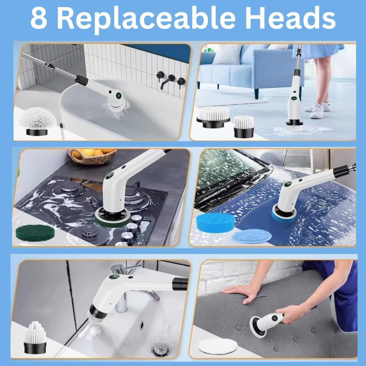 10 in 1 Electric Spin Scrubber Cordless Cleaning Brush Head Long Handle Spin Scrubber & Gap Cleaning Brush Window Cleaning Tools 8 Brush Heads for Bathroom,Floor,Tile, Kitchen & Grout Cleaning