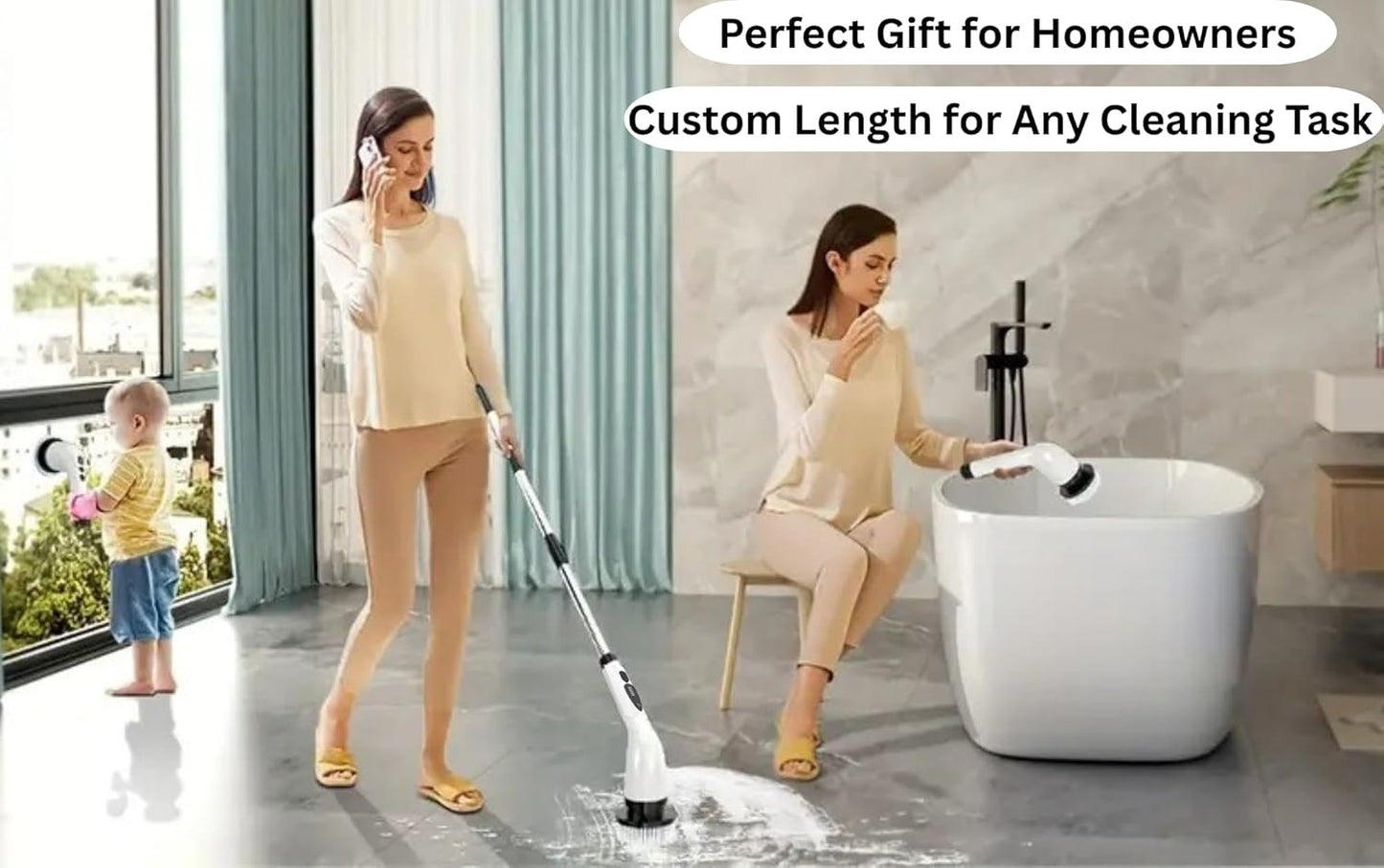 10-in-1 Electric Spin Scrubber with 8 Replaceable Head Cleaning Brush Shower Scrubber with Long Handle Bathroom Cleaning Brush Electric Scrubber for Cleaning Kitchen,Floor,Grout Brush & Squeegee