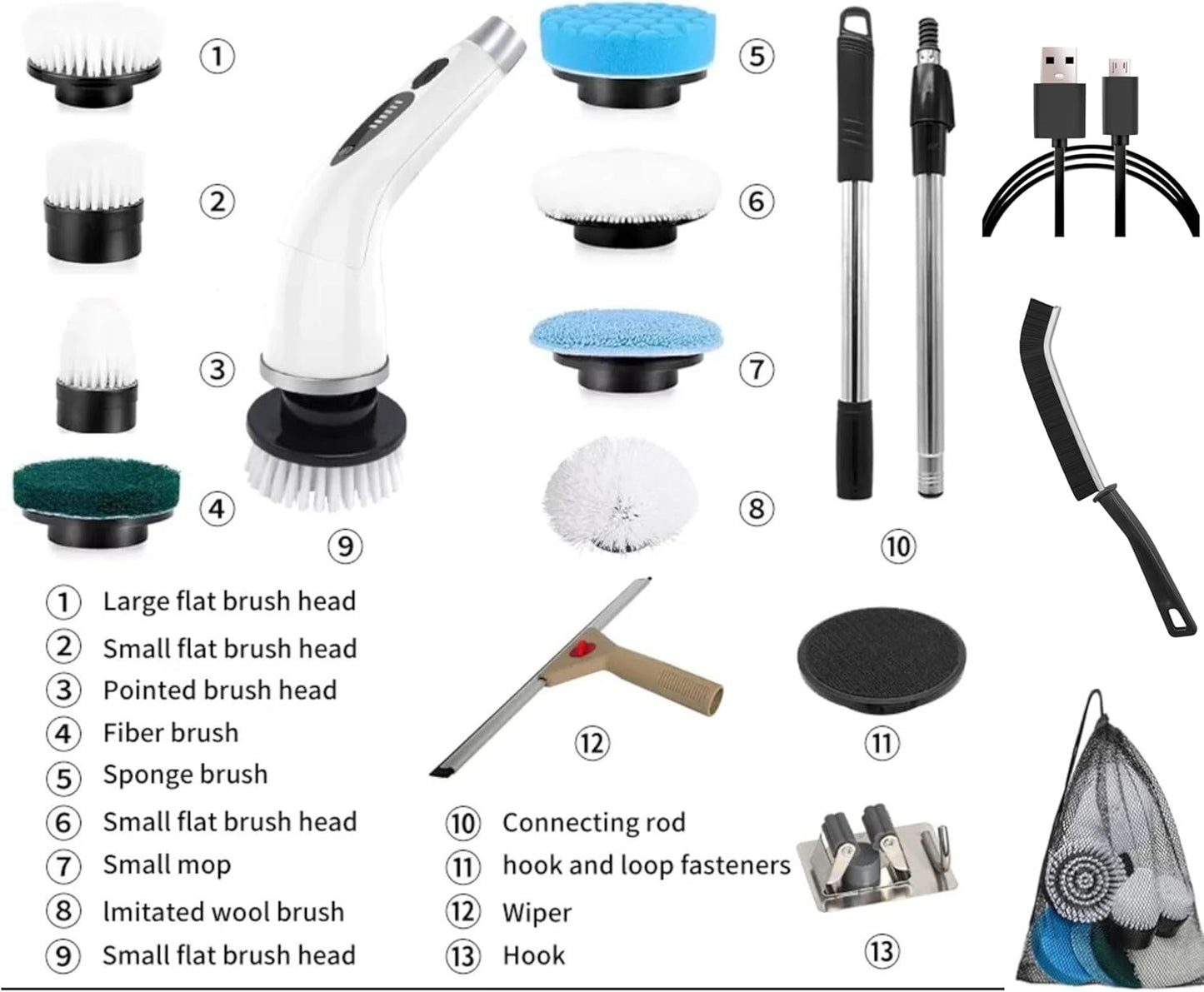 10 in 1 Electric Spin Scrubber Cordless Cleaning Brush Head Long Handle Spin Scrubber & Gap Cleaning Brush Window Cleaning Tools 8 Brush Heads for Bathroom,Floor,Tile, Kitchen & Grout Cleaning