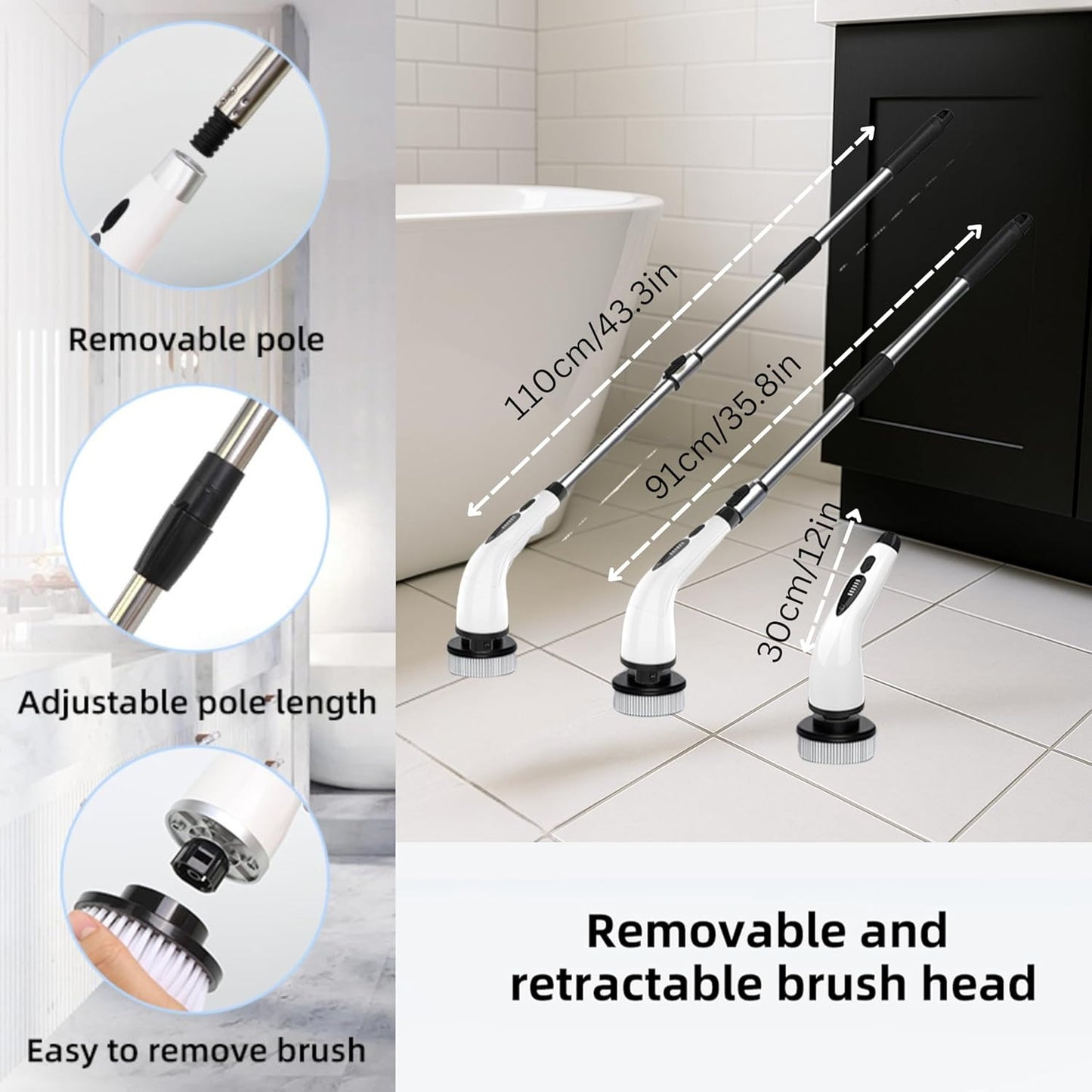 10 in 1 Electric Spin Scrubber Cordless Cleaning Brush Head Long Handle Spin Scrubber & Gap Cleaning Brush Window Cleaning Tools 8 Brush Heads for Bathroom,Floor,Tile, Kitchen & Grout Cleaning