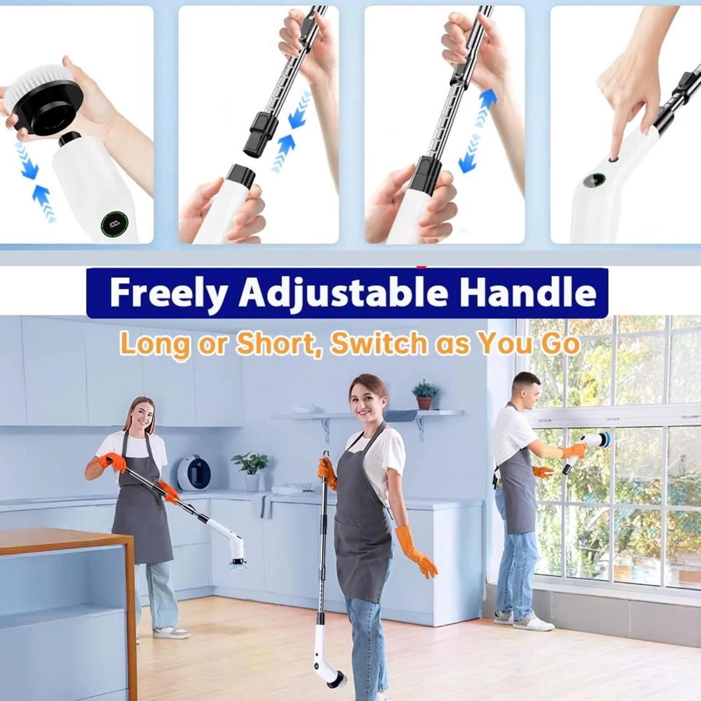 10 in 1 Electric Spin Scrubber Cordless Cleaning Brush Head Long Handle Spin Scrubber & Gap Cleaning Brush Window Cleaning Tools 8 Brush Heads for Bathroom,Floor,Tile, Kitchen & Grout Cleaning