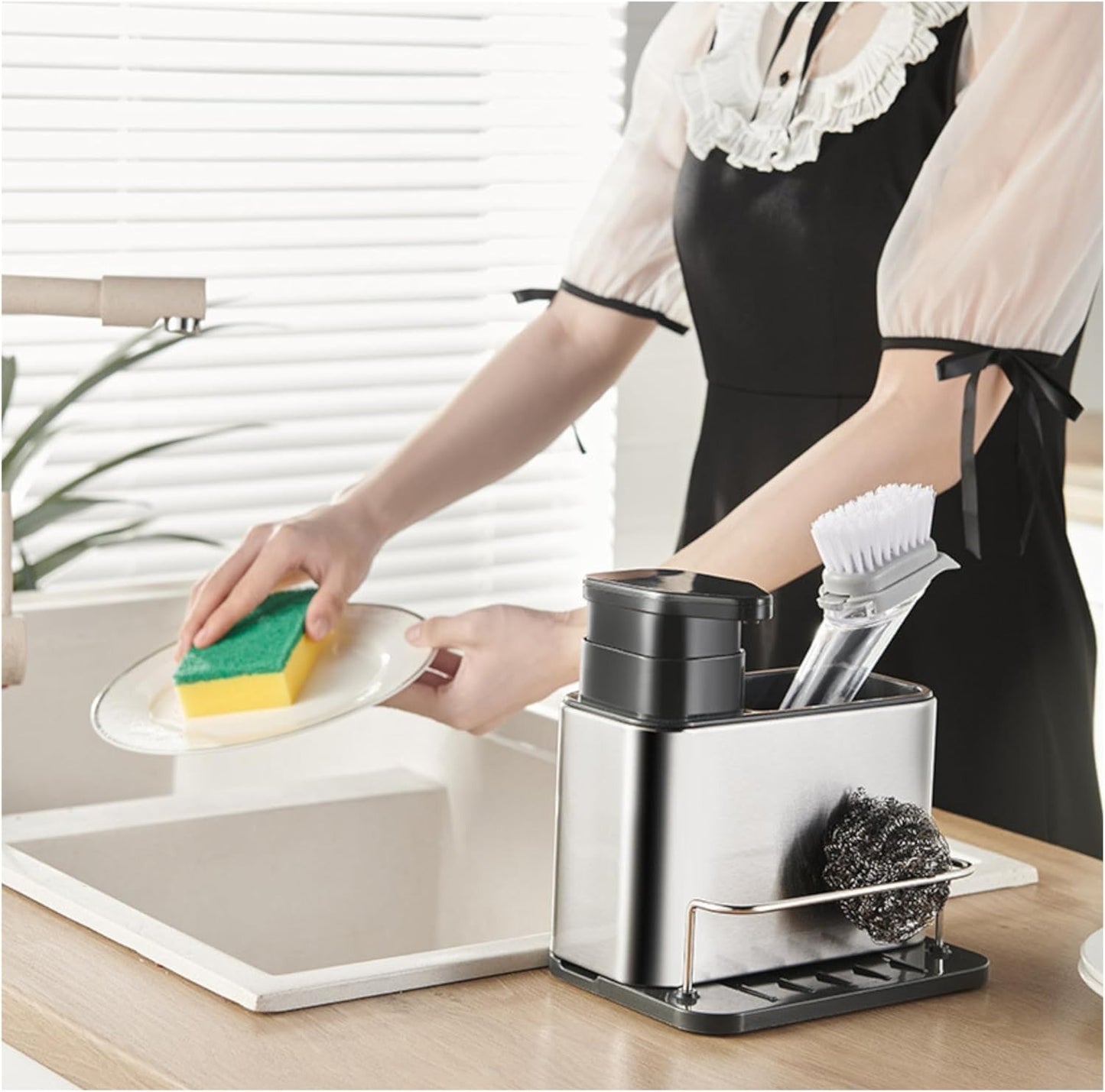 Dish Soap Dispenser Kitchen 3 in 1 Sink Organizer Stainless Steel with Sponge Caddy and Brush Holder for Kitchen Sink Organizer Soap Dispenser Set Pump Dispenser with Drip Tray & Drain Hole