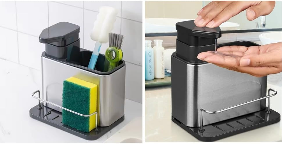 Dish Soap Dispenser Kitchen 3 in 1 Sink Organizer Stainless Steel with Sponge Caddy and Brush Holder for Kitchen Sink Organizer Soap Dispenser Set Pump Dispenser with Drip Tray & Drain Hole