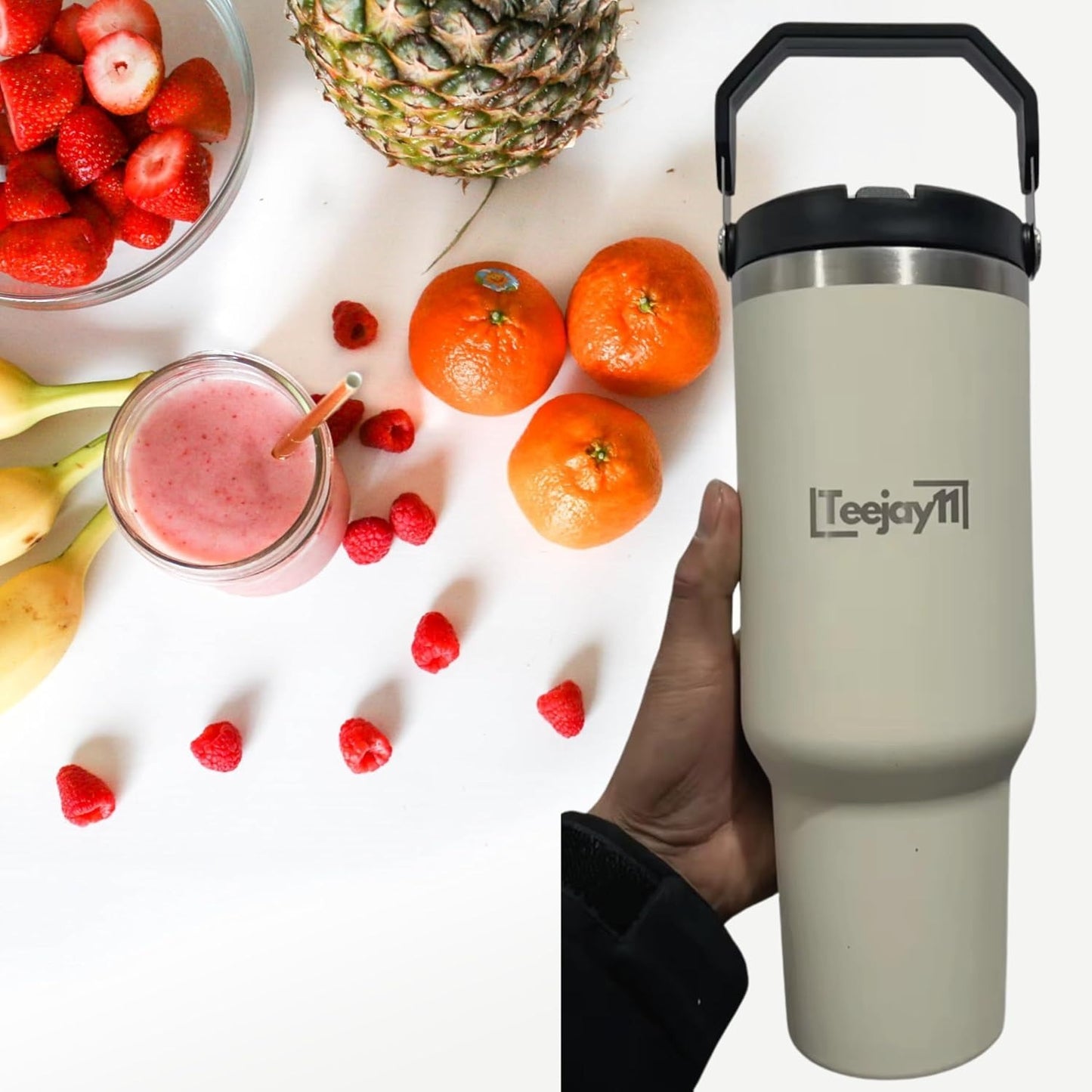 Teejay11 40 oz Tumbler Cup with Straw and Lid Stainless Steel Insulated Tumbler with Handle Water Bottle with Straw Large Water Tumbler for Hot & Cold Drinks, Smoothies, Iced Coffee