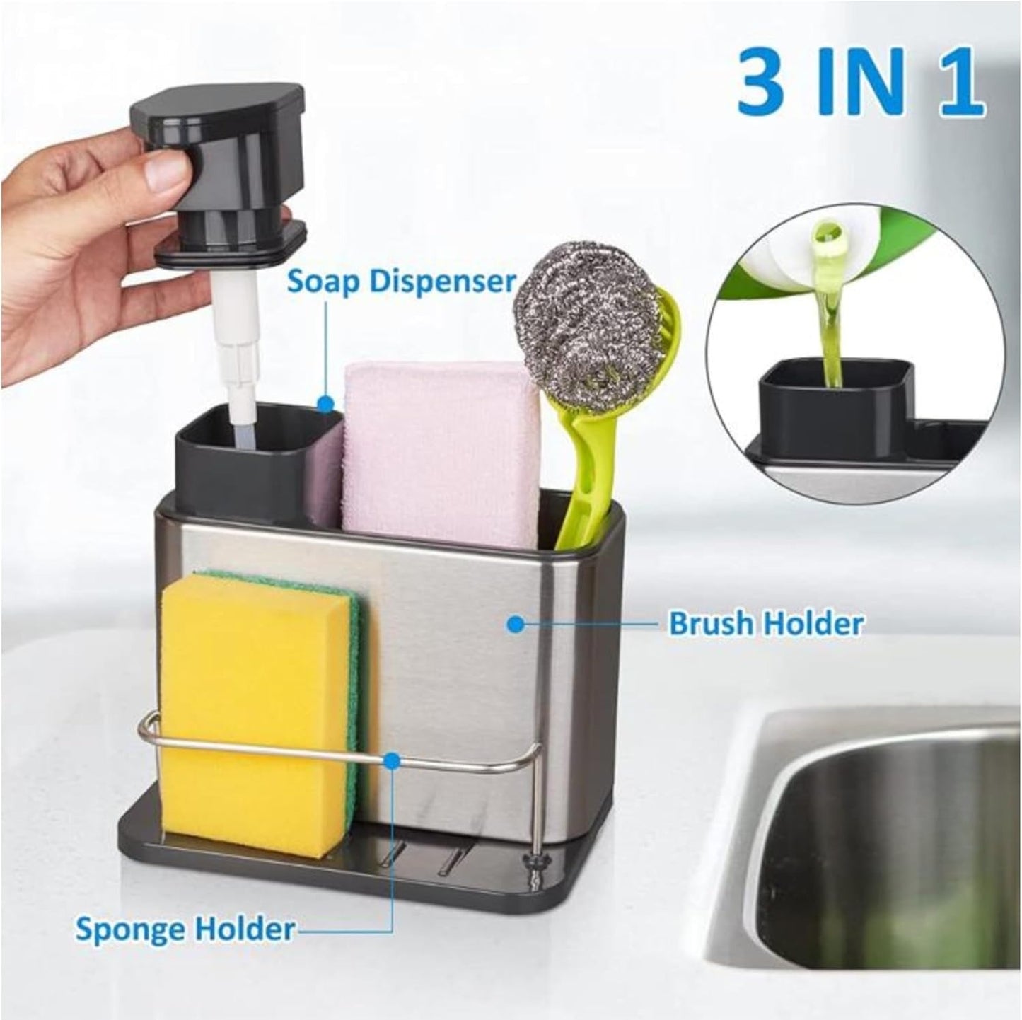 Dish Soap Dispenser Kitchen 3 in 1 Sink Organizer Stainless Steel with Sponge Caddy and Brush Holder for Kitchen Sink Organizer Soap Dispenser Set Pump Dispenser with Drip Tray & Drain Hole