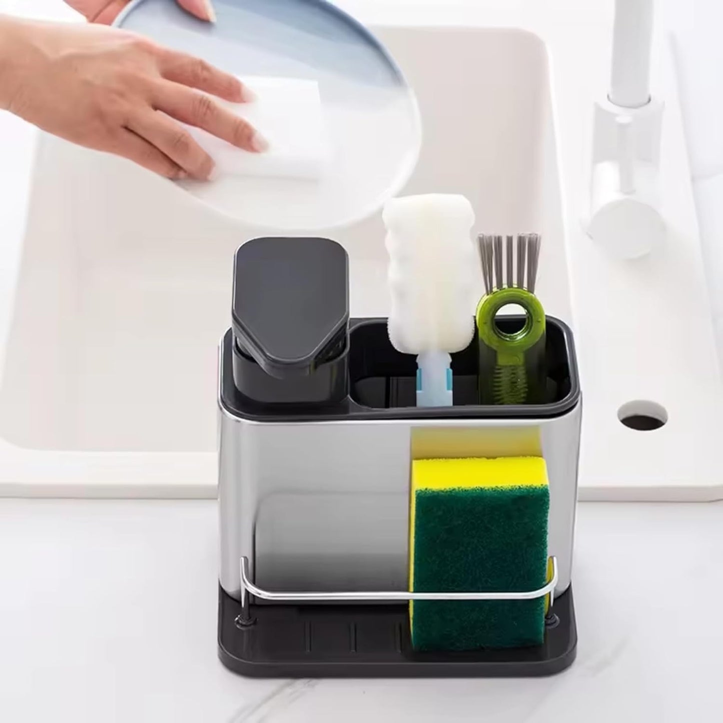 Dish Soap Dispenser Kitchen 3 in 1 Sink Organizer Stainless Steel with Sponge Caddy and Brush Holder for Kitchen Sink Organizer Soap Dispenser Set Pump Dispenser with Drip Tray & Drain Hole