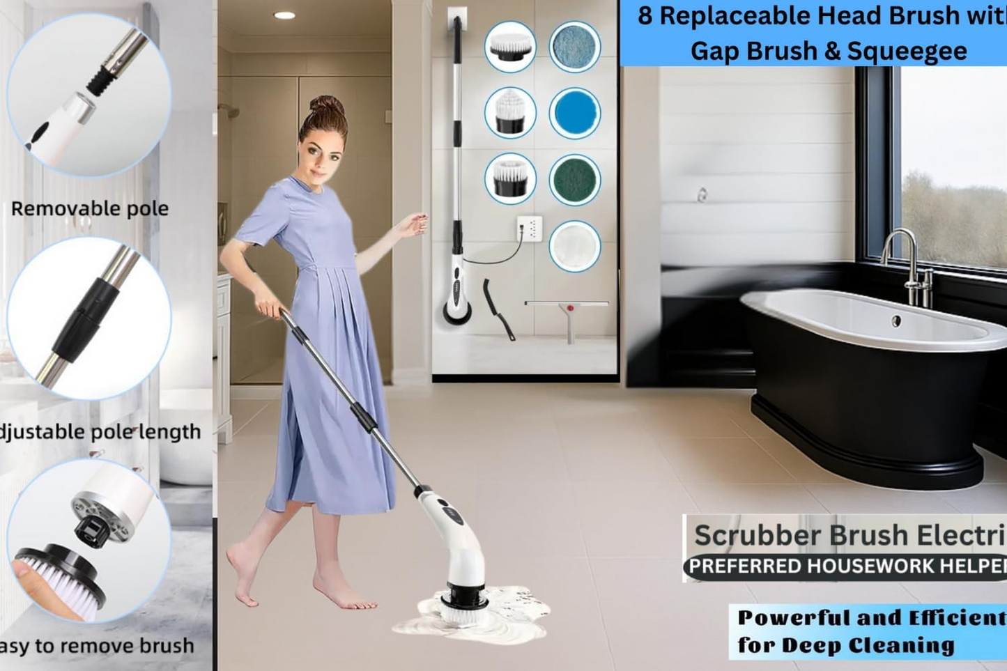 10 in 1 Electric Spin Scrubber Cordless Cleaning Brush Head Long Handle Spin Scrubber & Gap Cleaning Brush Window Cleaning Tools 8 Brush Heads for Bathroom,Floor,Tile, Kitchen & Grout Cleaning
