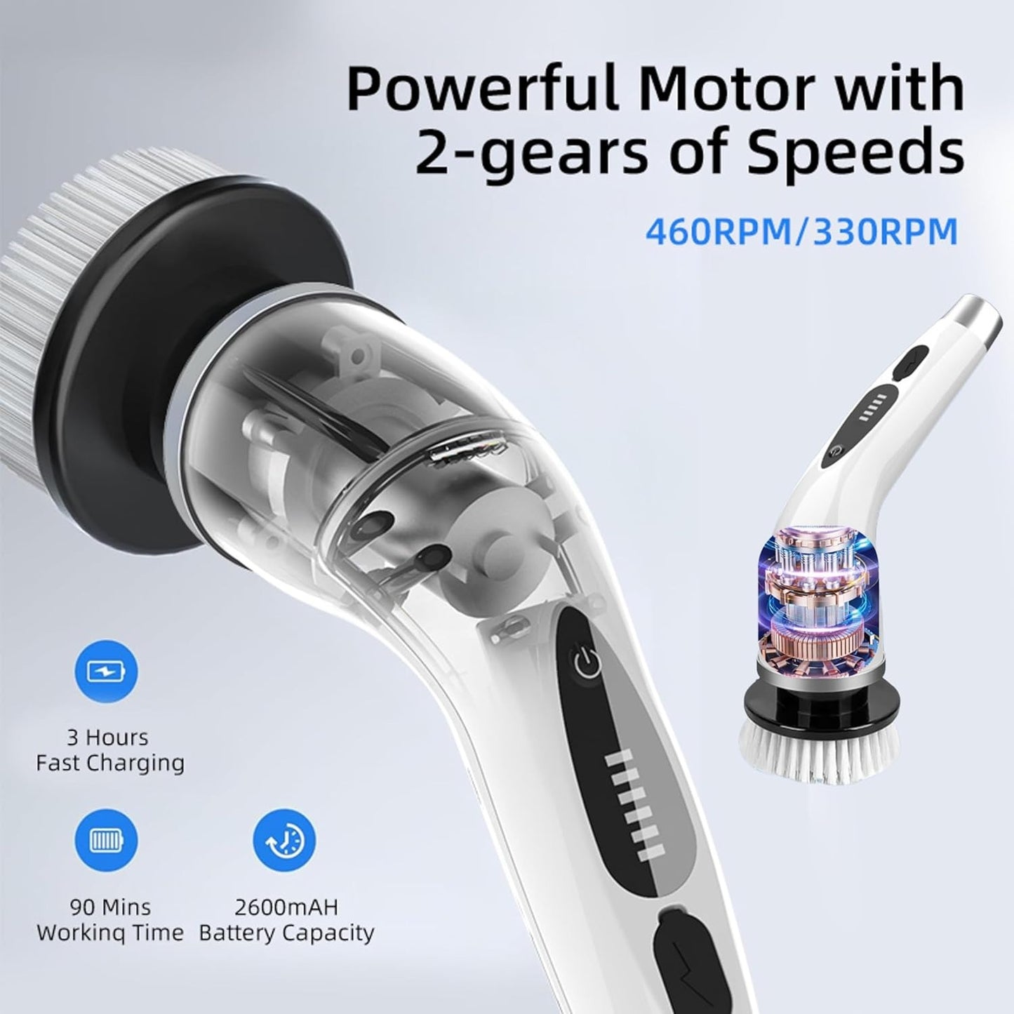 10-in-1 Electric Spin Scrubber with 8 Replaceable Head Cleaning Brush Shower Scrubber with Long Handle Bathroom Cleaning Brush Electric Scrubber for Cleaning Kitchen,Floor,Grout Brush & Squeegee