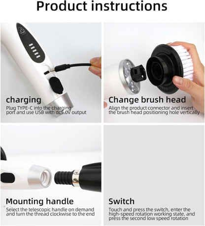 10-in-1 Electric Spin Scrubber with 8 Replaceable Head Cleaning Brush Shower Scrubber with Long Handle Bathroom Cleaning Brush Electric Scrubber for Cleaning Kitchen,Floor,Grout Brush & Squeegee