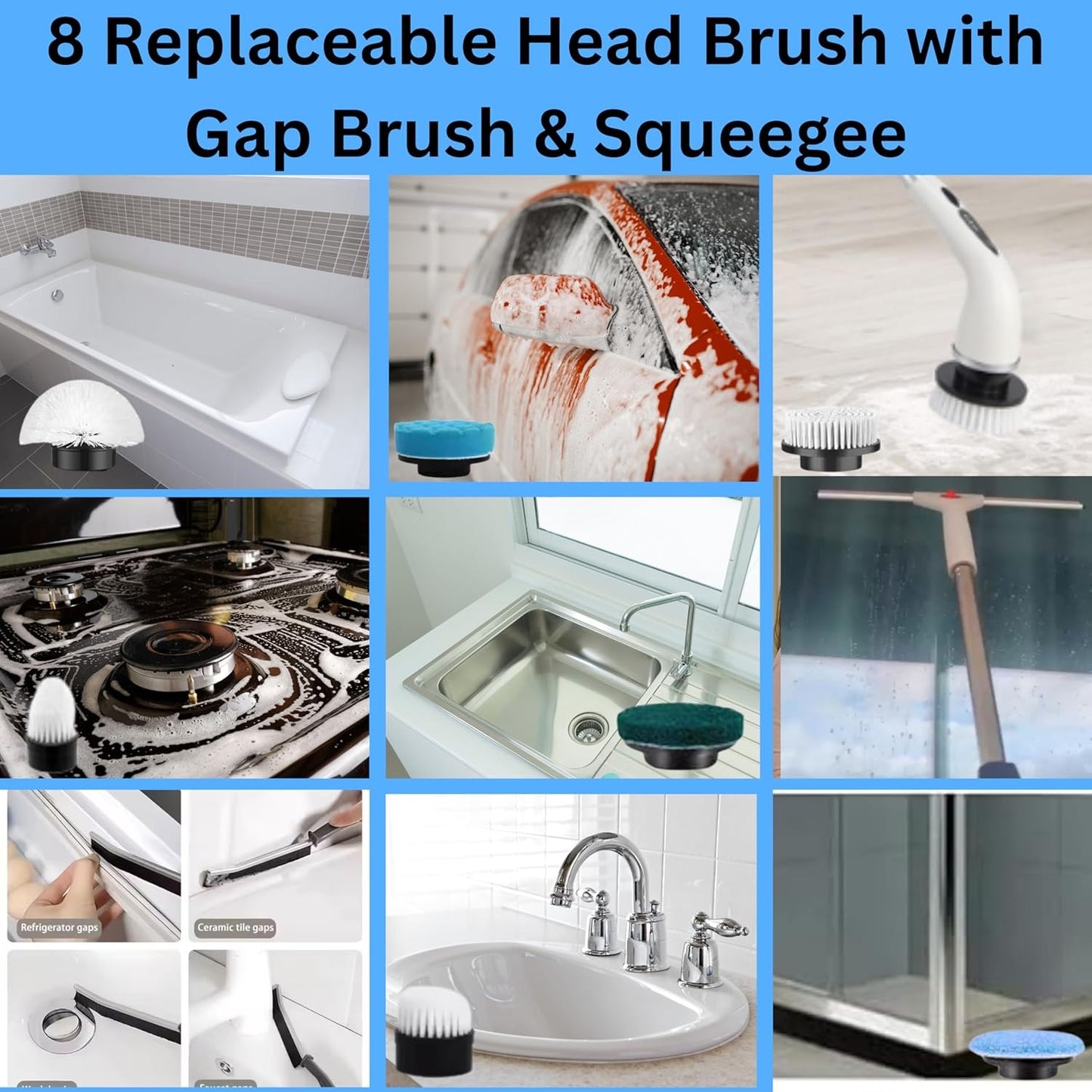 10-in-1 Electric Spin Scrubber with 8 Replaceable Head Cleaning Brush Shower Scrubber with Long Handle Bathroom Cleaning Brush Electric Scrubber for Cleaning Kitchen,Floor,Grout Brush & Squeegee