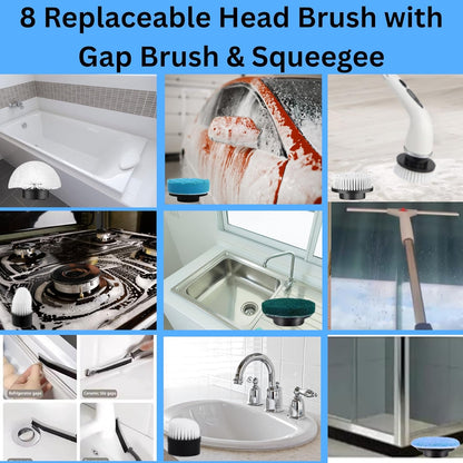 10-in-1 Electric Spin Scrubber with 8 Replaceable Head Cleaning Brush Shower Scrubber with Long Handle Bathroom Cleaning Brush Electric Scrubber for Cleaning Kitchen,Floor,Grout Brush & Squeegee