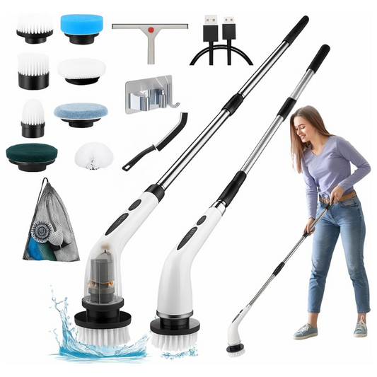 10-in-1 Electric Spin Scrubber with 8 Replaceable Head Cleaning Brush Shower Scrubber with Long Handle Bathroom Cleaning Brush Electric Scrubber for Cleaning Kitchen,Floor,Grout Brush & Squeegee
