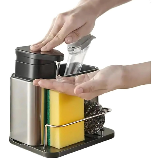 Dish Soap Dispenser Kitchen 3 in 1 Sink Organizer Stainless Steel with Sponge Caddy and Brush Holder for Kitchen Sink Organizer Soap Dispenser Set Pump Dispenser with Drip Tray & Drain Hole