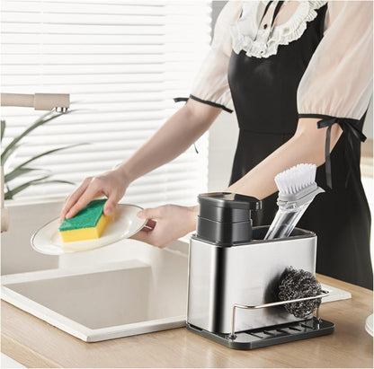 Dish Soap Dispenser Kitchen 3 in 1 Sink Organizer Stainless Steel with Sponge Caddy and Brush Holder for Kitchen Sink Organizer Soap Dispenser Set Pump Dispenser with Drip Tray & Drain Hole