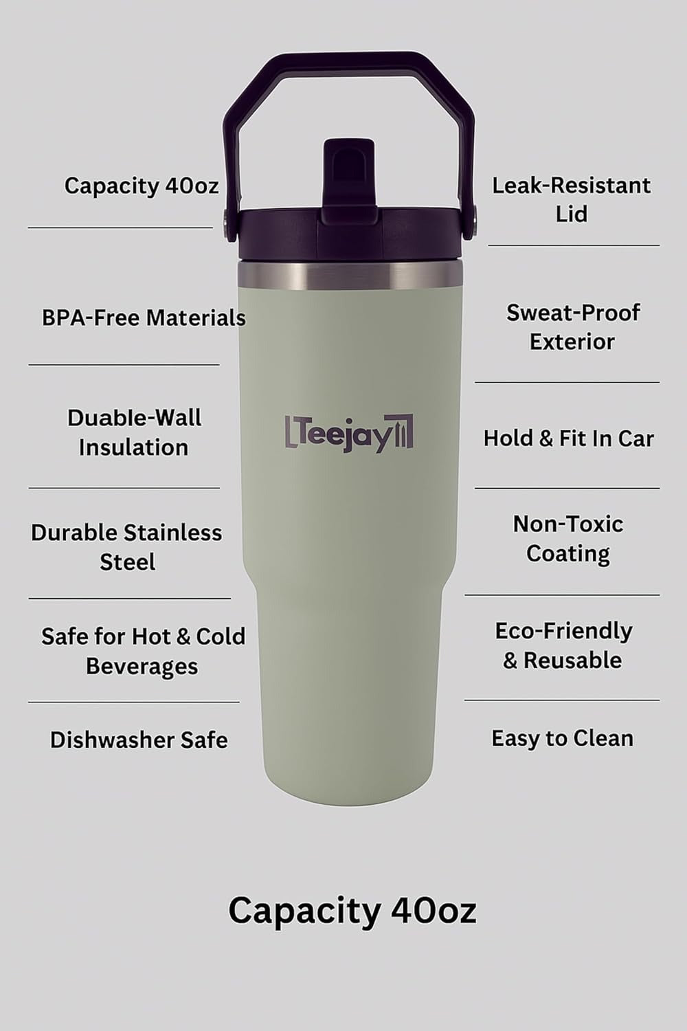Teejay11 40 oz Tumbler Cup with Straw and Lid Stainless Steel Insulated Tumbler with Handle Water Bottle with Straw Large Water Tumbler for Hot & Cold Drinks, Smoothies, Iced Coffee