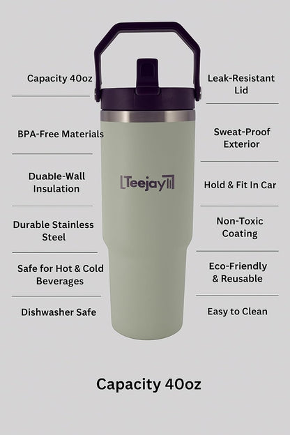 Teejay11 40 oz Tumbler Cup with Straw and Lid Stainless Steel Insulated Tumbler with Handle Water Bottle with Straw Large Water Tumbler for Hot & Cold Drinks, Smoothies, Iced Coffee
