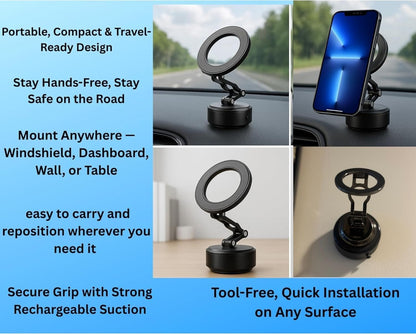 Teejay11 360 Degree Suction Car Phone Holder, Foldable Windshield Dashboard Car Phone Holder Mount Strong Vacuum Grip Smart Phone & Android Universal Car Phone Holder Included C-Cable & Extra Ring