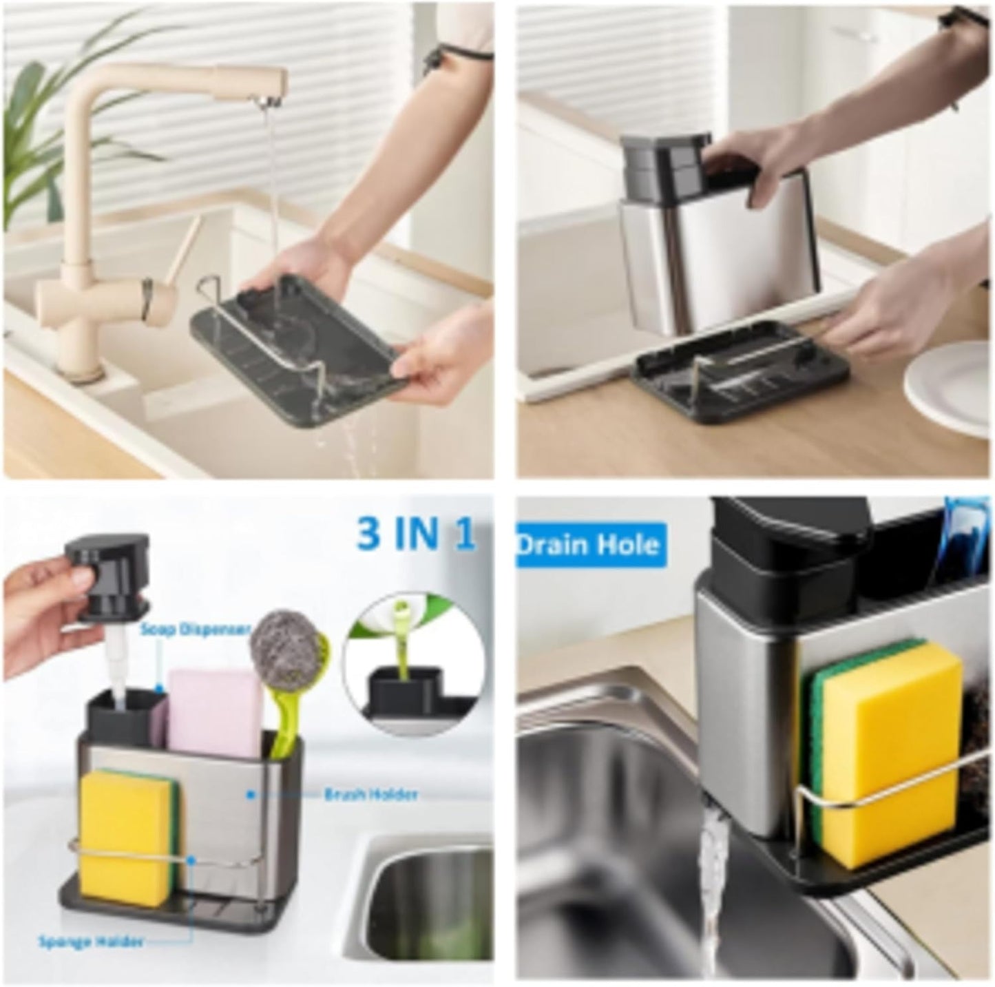Dish Soap Dispenser Kitchen 3 in 1 Sink Organizer Stainless Steel with Sponge Caddy and Brush Holder for Kitchen Sink Organizer Soap Dispenser Set Pump Dispenser with Drip Tray & Drain Hole