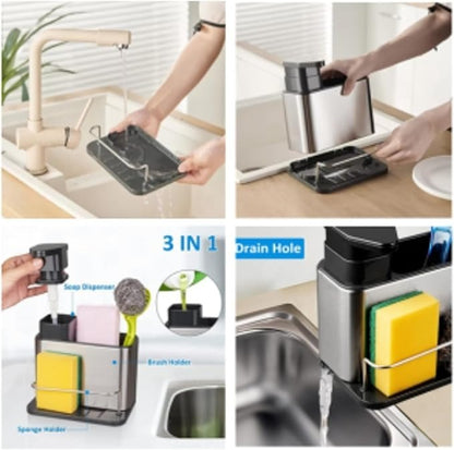 Dish Soap Dispenser Kitchen 3 in 1 Sink Organizer Stainless Steel with Sponge Caddy and Brush Holder for Kitchen Sink Organizer Soap Dispenser Set Pump Dispenser with Drip Tray & Drain Hole